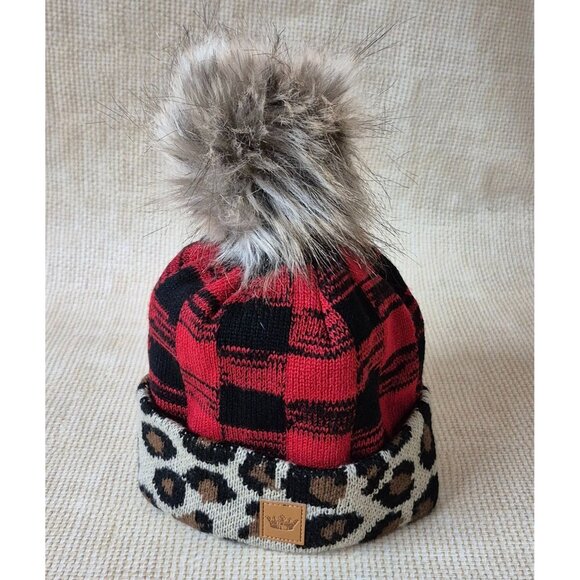 Panache Ladies Faux Fur Pom Red Buffalo Plaid Knit Beanie One Size Animal Print - Picture 1 of 8